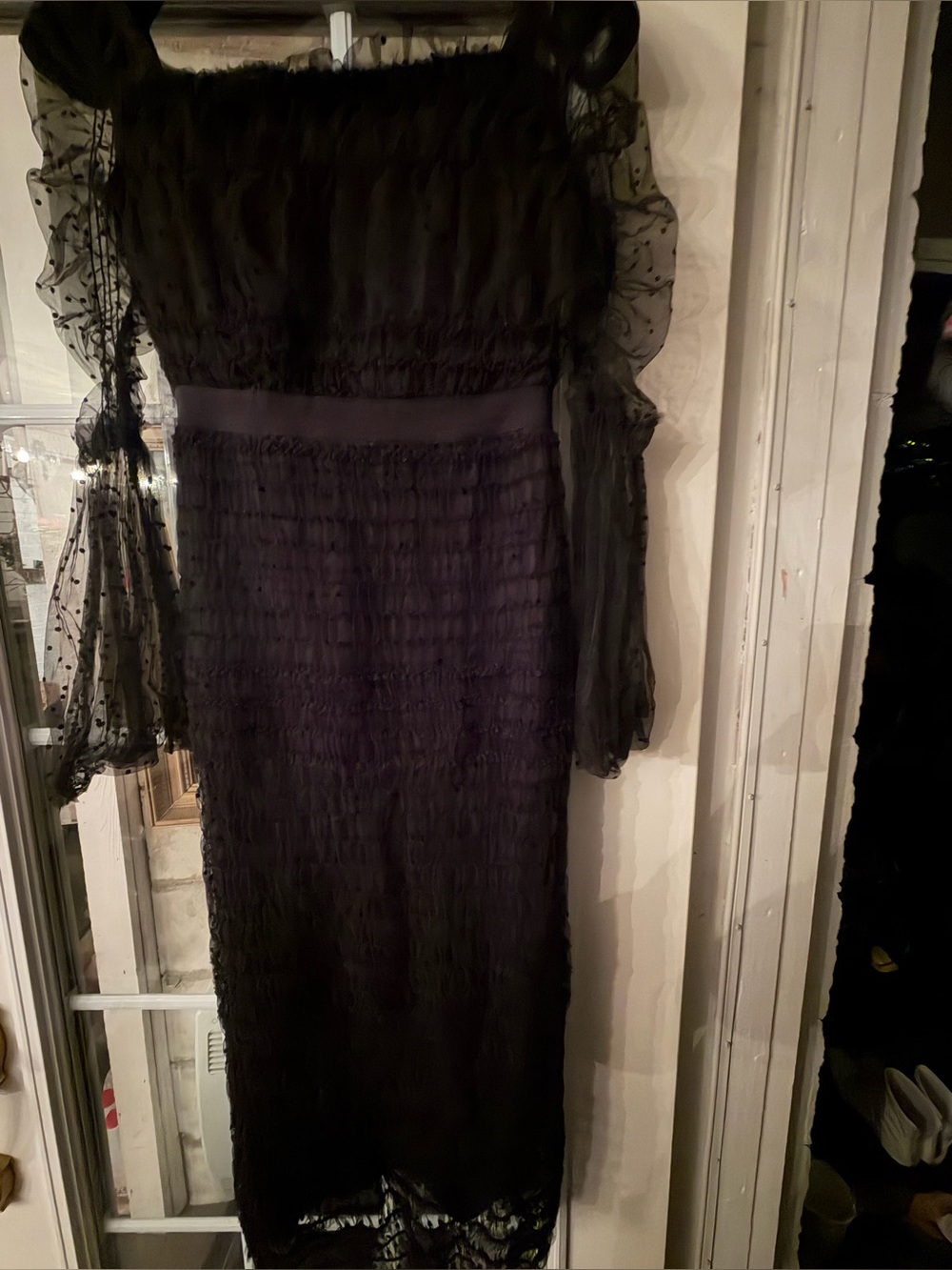 VENUS Black Sheer Long-Sleeve Ruffle Midi Dress